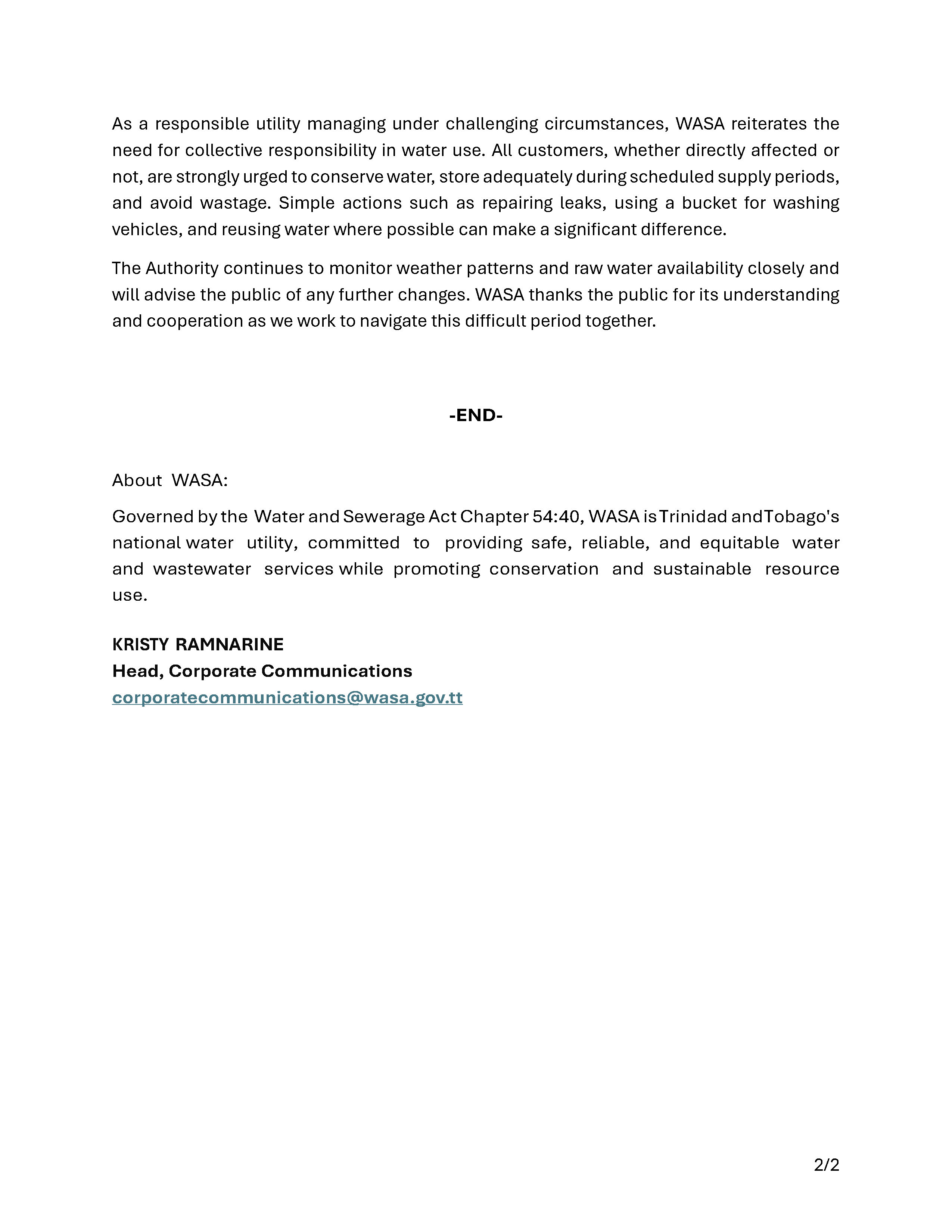 Interim Supply in Place for Customers Served by the North Oropouche Water Treatment Plant